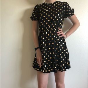 Shein Puff Sleeve Ruffle Hem Gold Polka Dot Dress